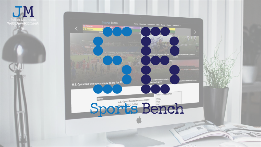 An Apple iMac showing the Sports Bench Soccer homepage on a white desk in a white room