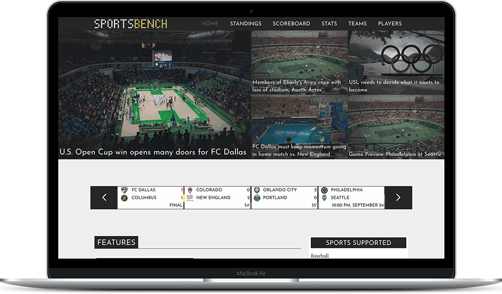 Sports Bench homepage on a macbook pro screen