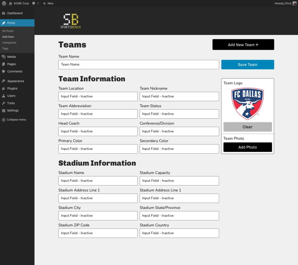 Screenshot of the new Add Team screen in Sports Bench 2.0