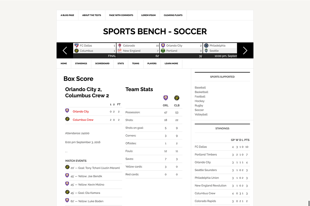 Screenshot of the News Pro theme using the Sports Bench box score block