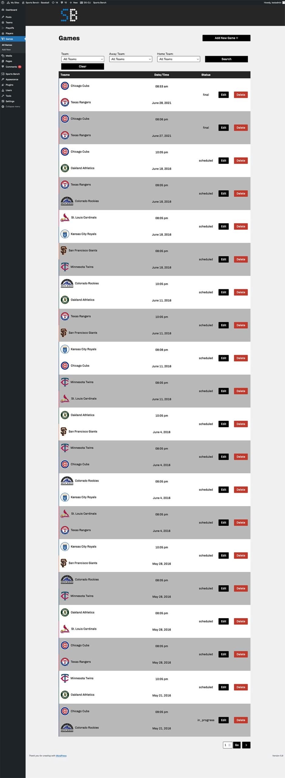 Screenshot of the baseball games admin screen in Sports Bench