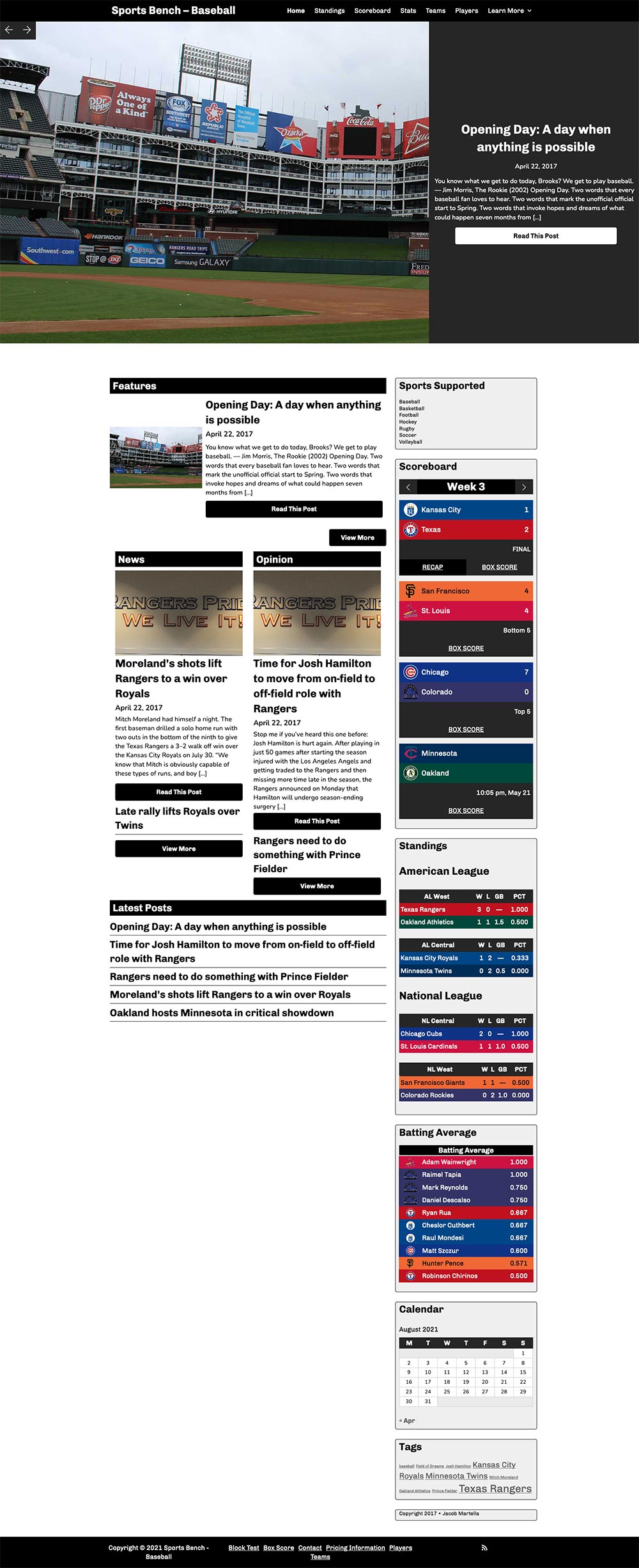 Screenshot of the baseball slider homepage in Sports Bench