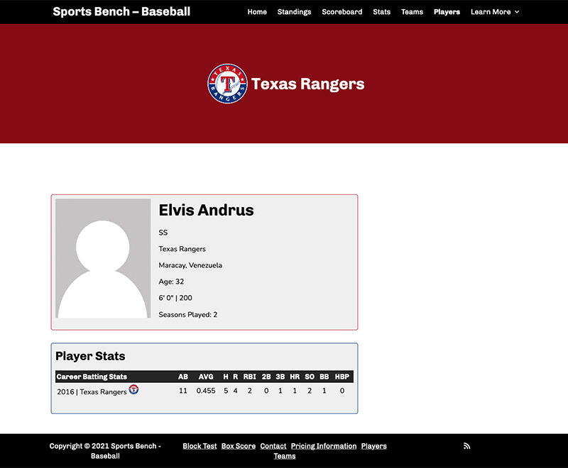 Screenshot of the baseball single player page in Sports Bench