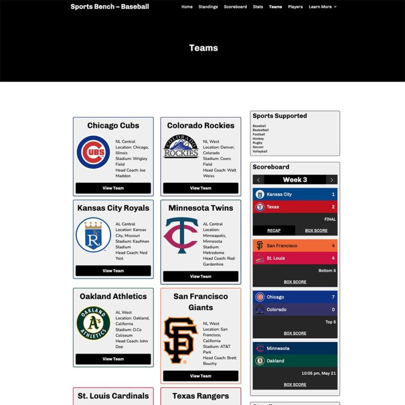 Screenshot of the baseball teams page in Sports Bench