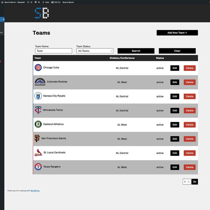 Screenshot of the baseball teams admin screen in Sports Bench