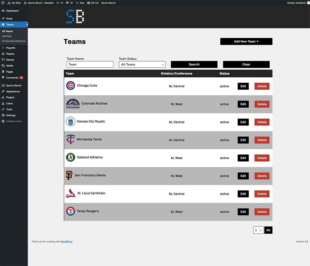 Screenshot of the baseball teams admin screen in Sports Bench