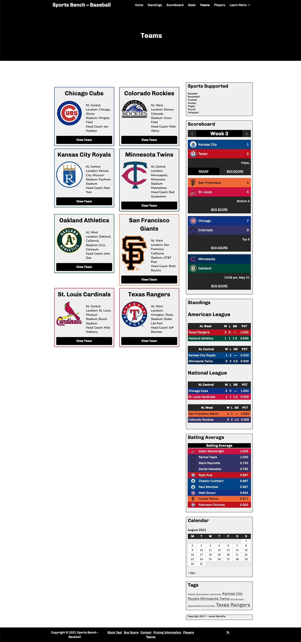 Screenshot of the baseball teams page in Sports Bench
