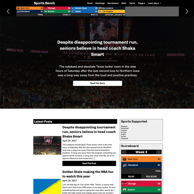 Screenshot of the basketball hero section homepage in Sports Bench