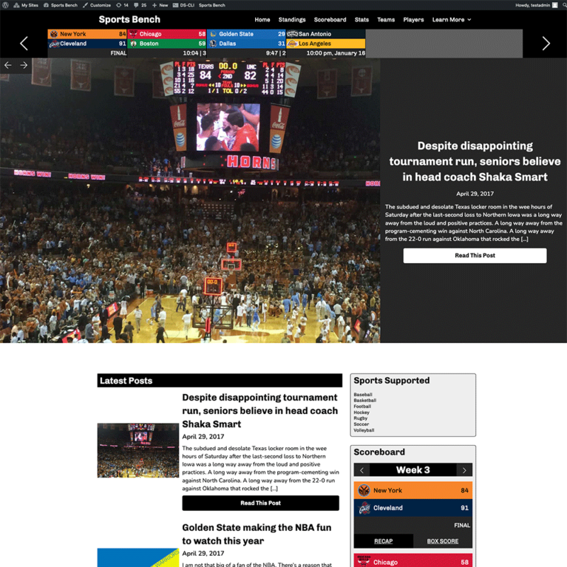 Screenshot of the basketball slider homepage in Sports Bench