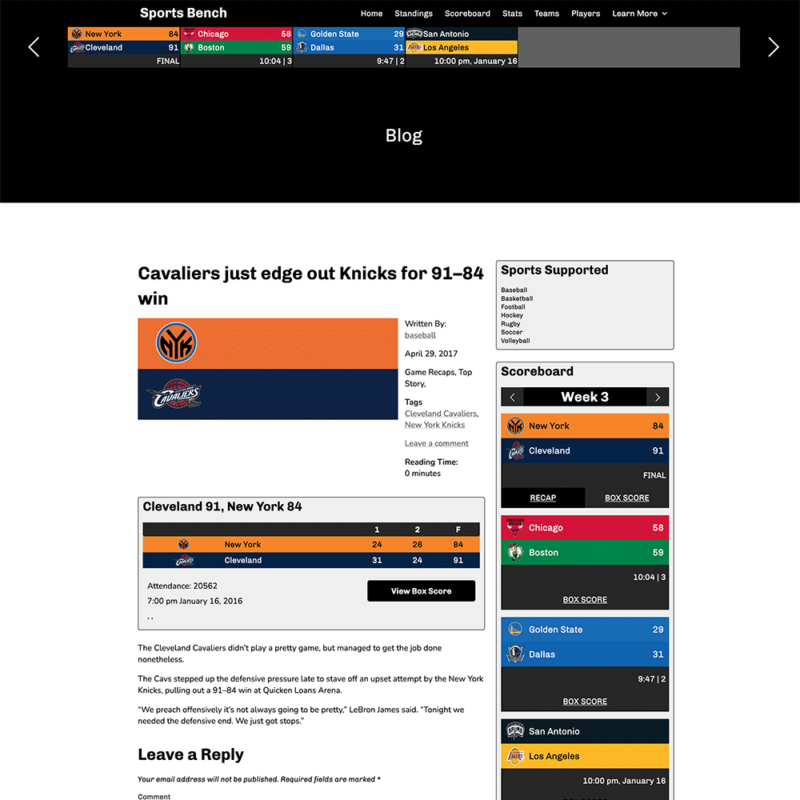 Screenshot of the basketball single post template in Sports Bench