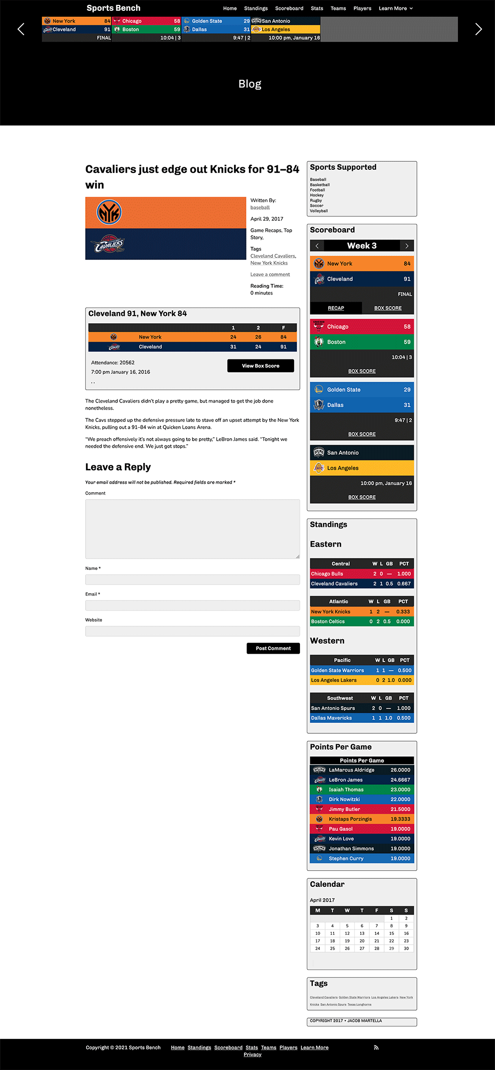 Screenshot of the basketball single post template in Sports Bench