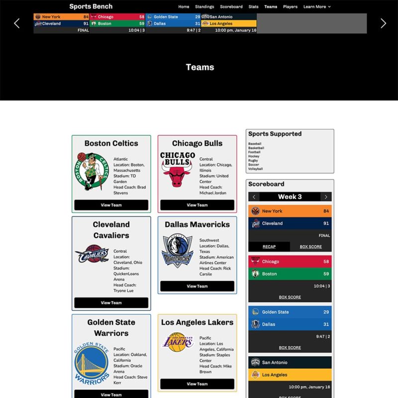 Screenshot of the basketball teams page in Sports Bench