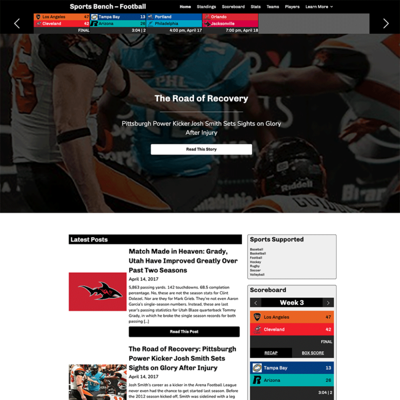 Screenshot of the football hero section homepage in Sports Bench