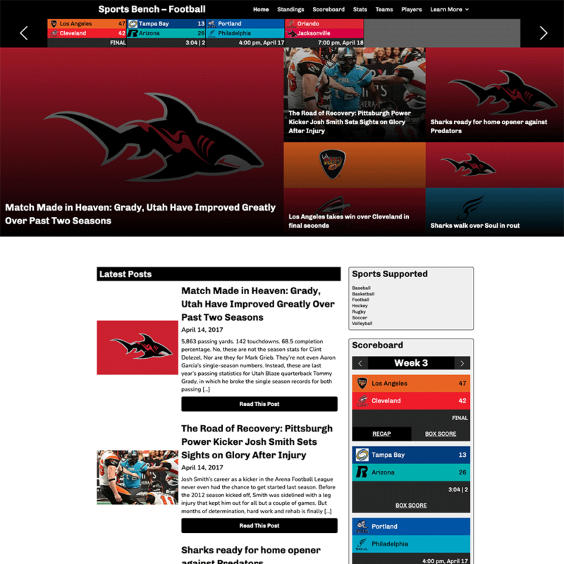 Screenshot of the football tiled homepage in Sports Bench