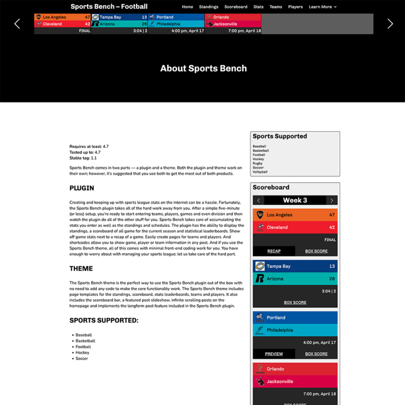 Screenshot of the football default page template in Sports Bench