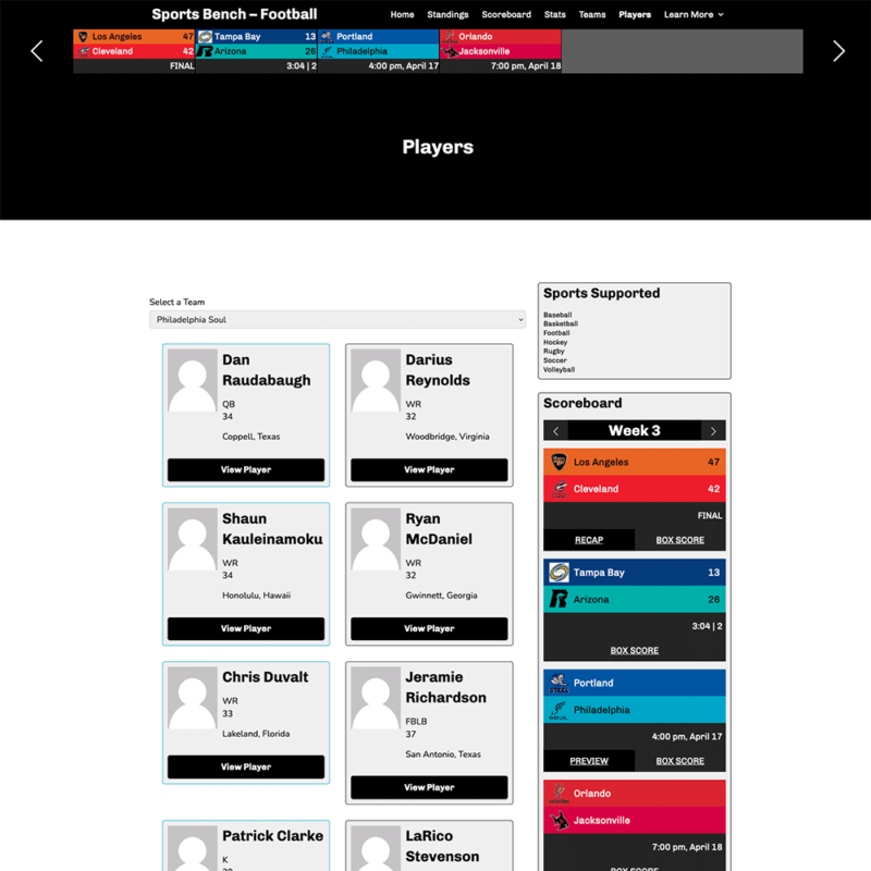 Screenshot of the football players page in Sports Bench