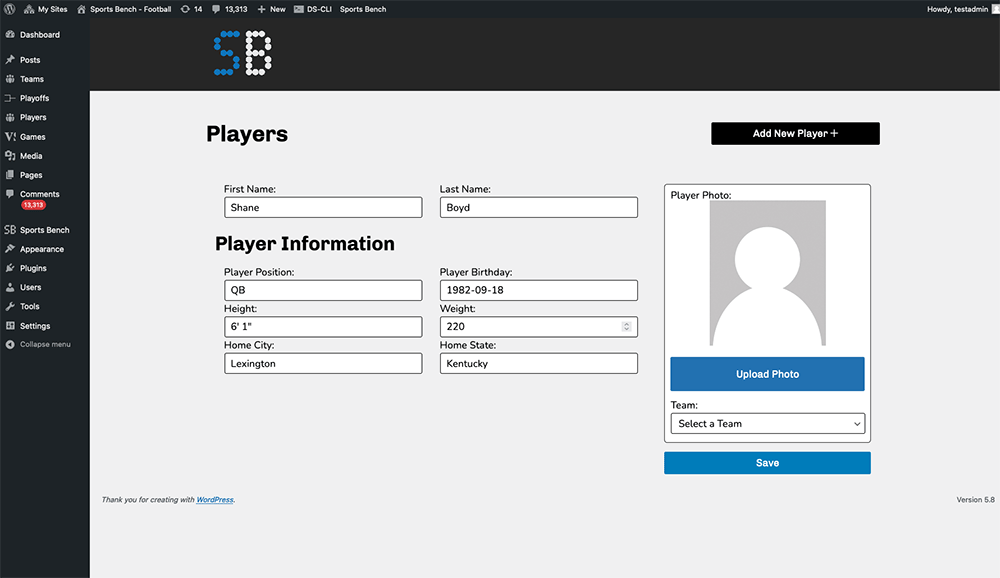 Screenshot of the football single player admin screen in Sports Bench