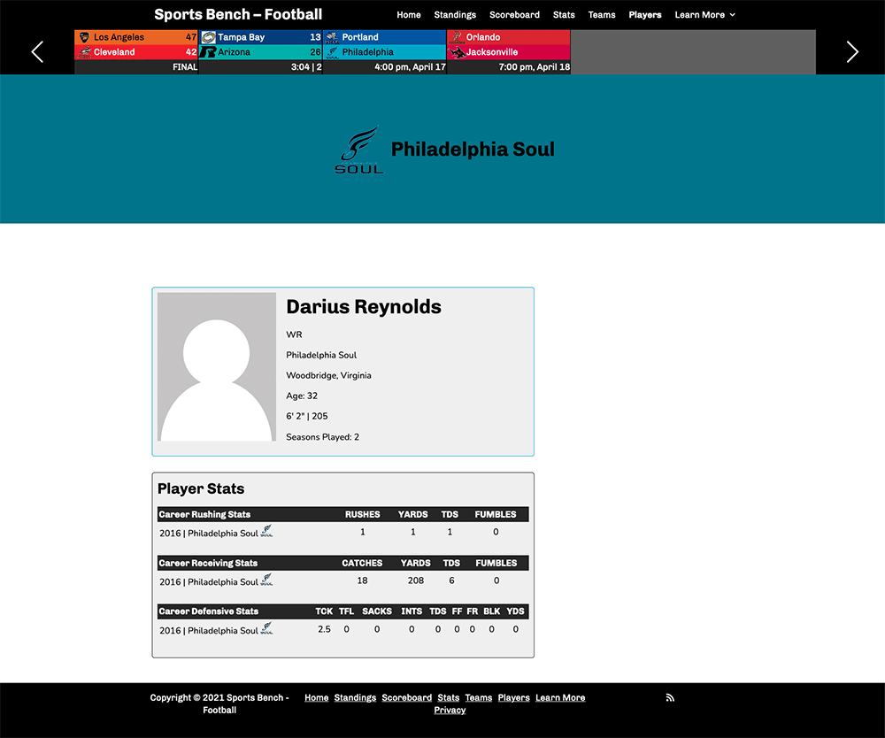 Screenshot of the football single player page in Sports Bench