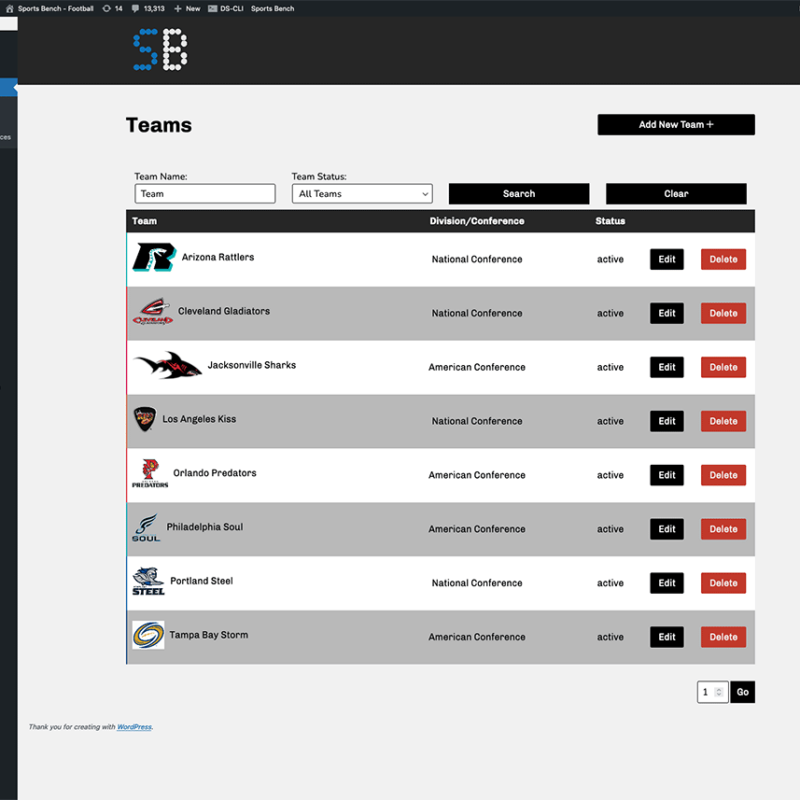 Screenshot of the football teams admin screen in Sports Bench