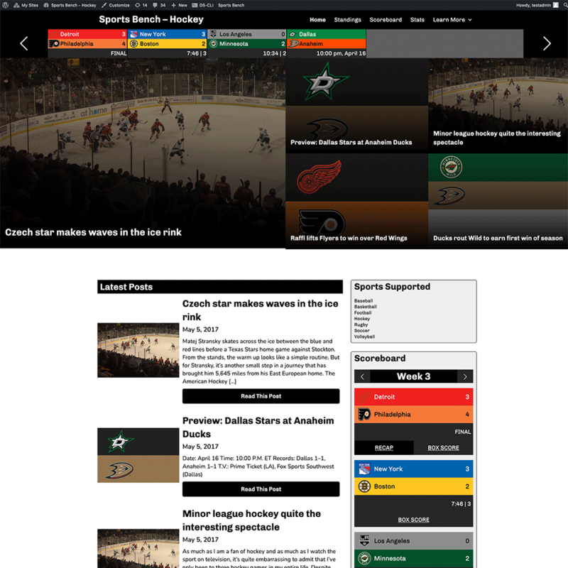Screenshot of the hockey tiled homepage in Sports Bench
