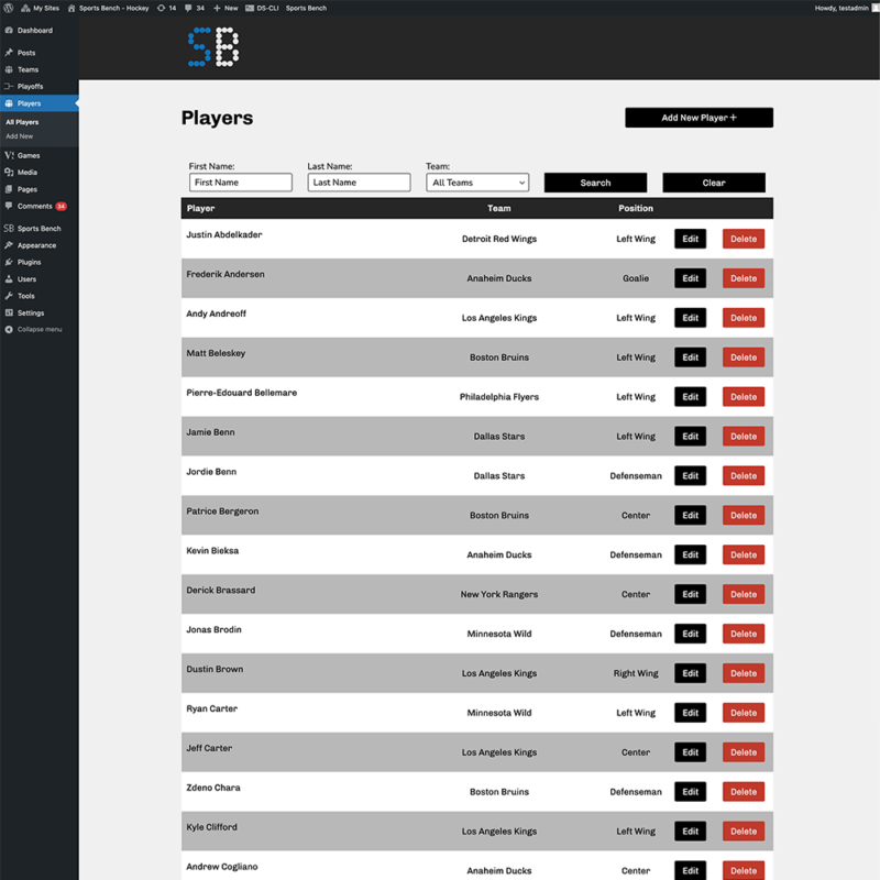 Screenshot of the hockey players admin screen in Sports Bench