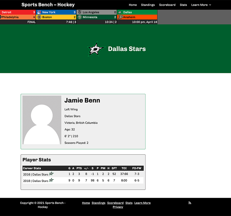 Screenshot of the hockey single player page in Sports Bench