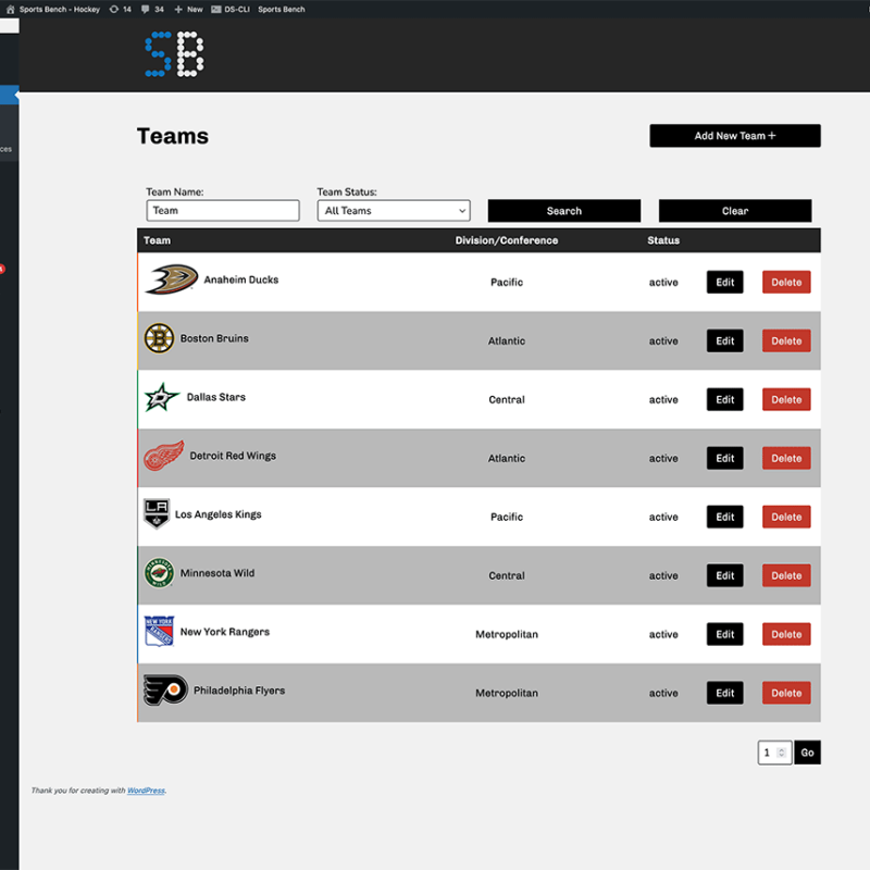 Screenshot of the hockey teams admin screen in Sports Bench