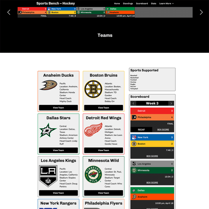 Screenshot of the hockey teams in Sports Bench