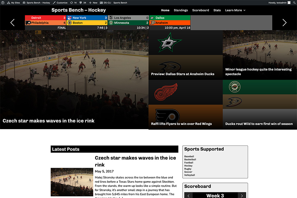 Screenshot of the hockey tiled homepage in Sports Bench