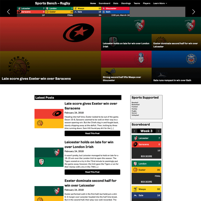 Screenshot of the rugby tiled homepage in Sports Bench