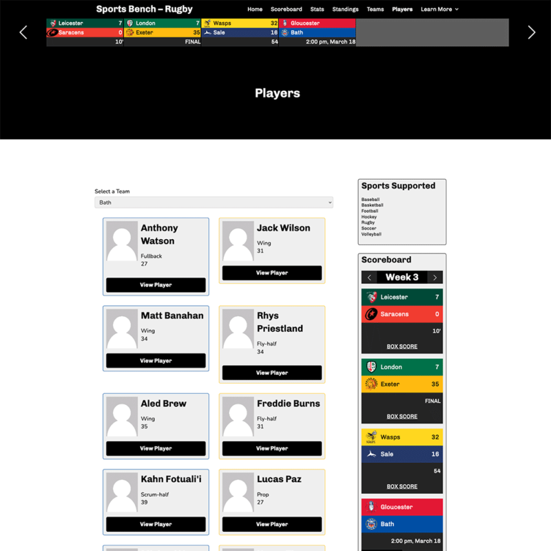 Screenshot of the rugby players page in Sports Bench