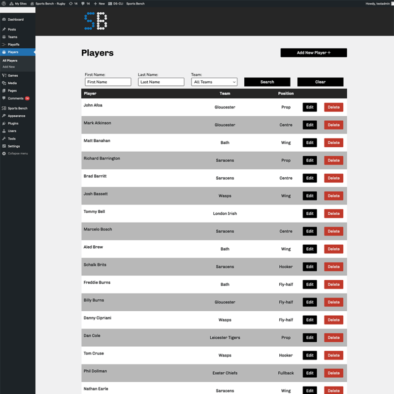 Screenshot of the rugby players admin screen in Sports Bench