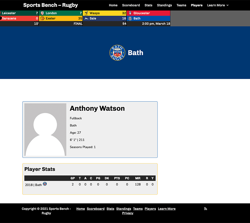 Screenshot of the rugby single player page in Sports Bench