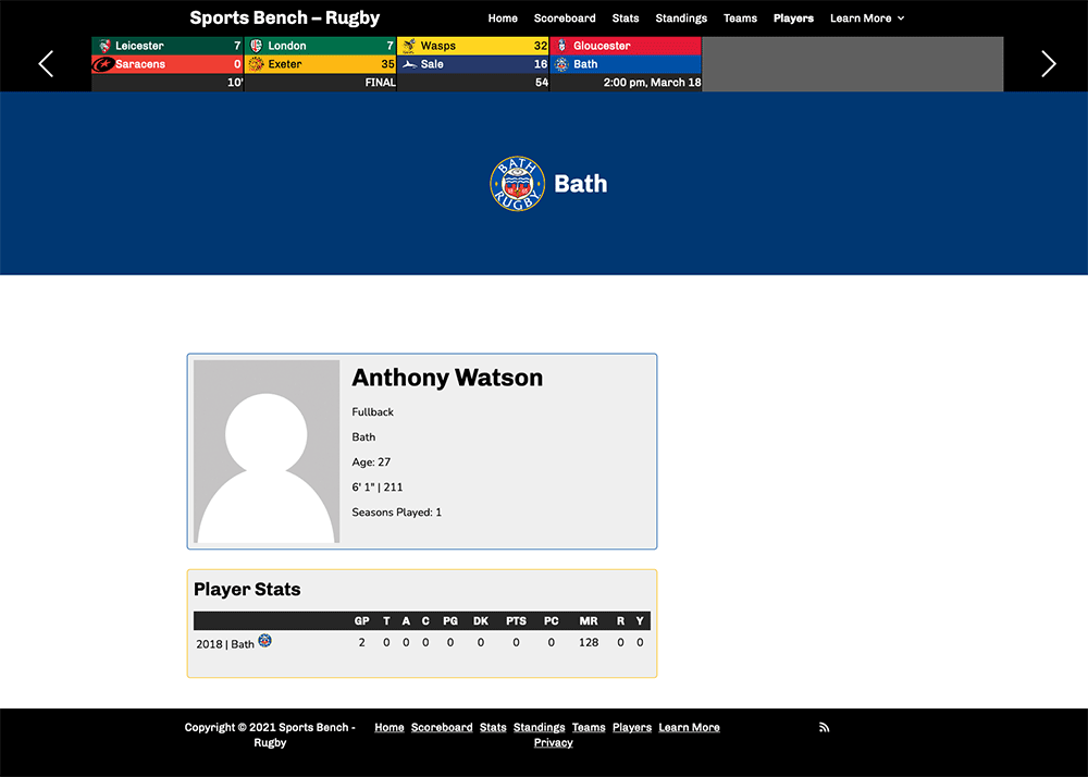 Screenshot of the rugby single player page in Sports Bench