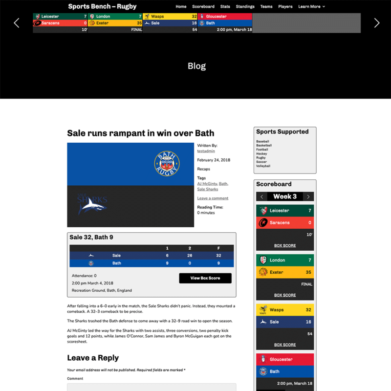 Screenshot of the rugby single post template in Sports Bench