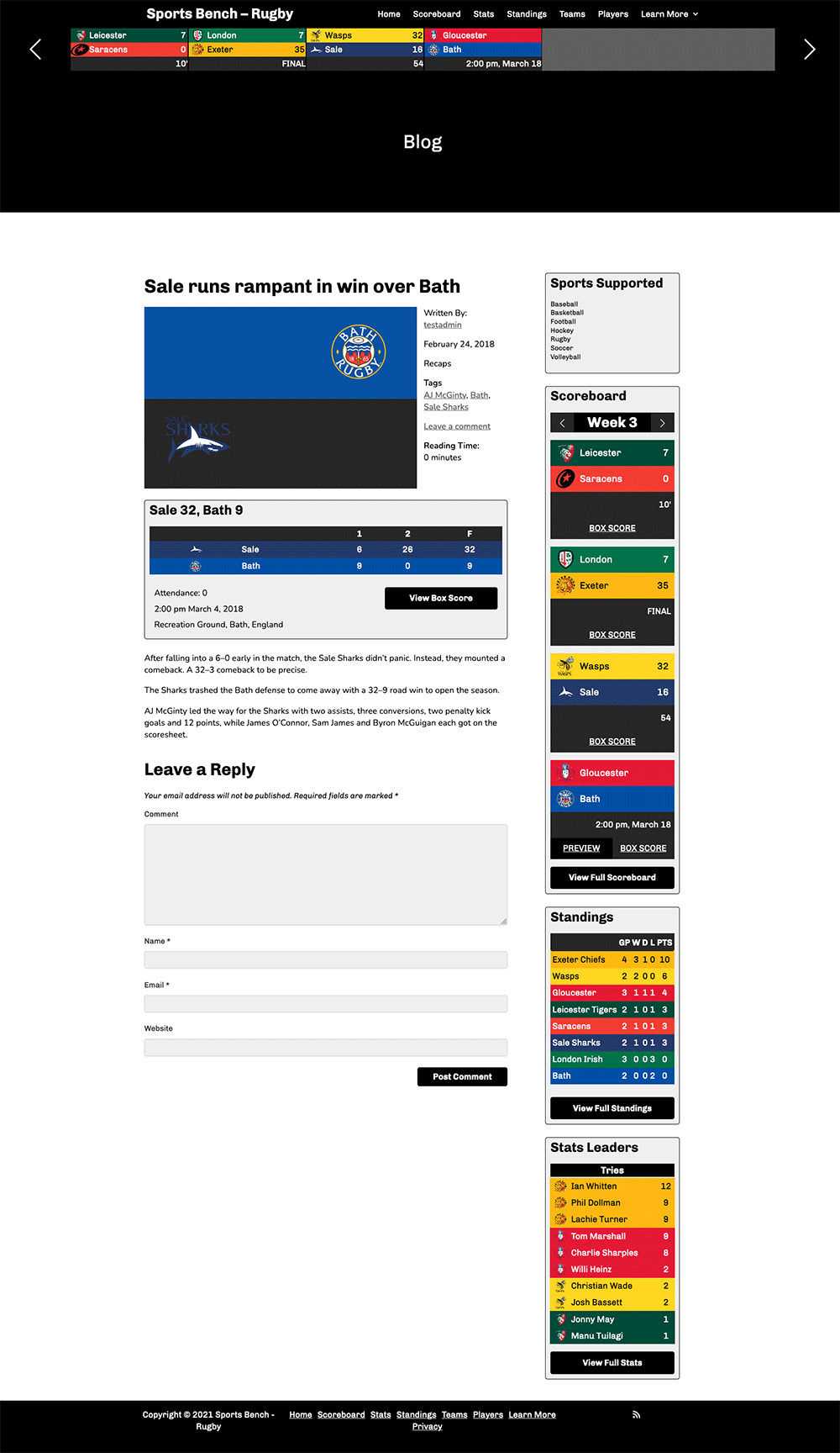 Screenshot of the rugby single post template in Sports Bench