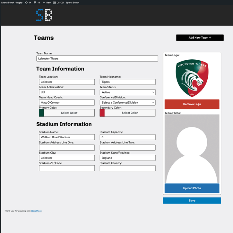 Screenshot of the rugby single team admin screen in Sports Bench
