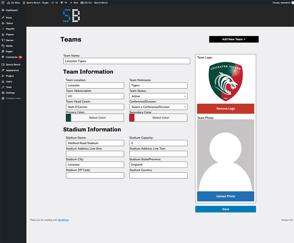 Screenshot of the rugby single team admin screen in Sports Bench
