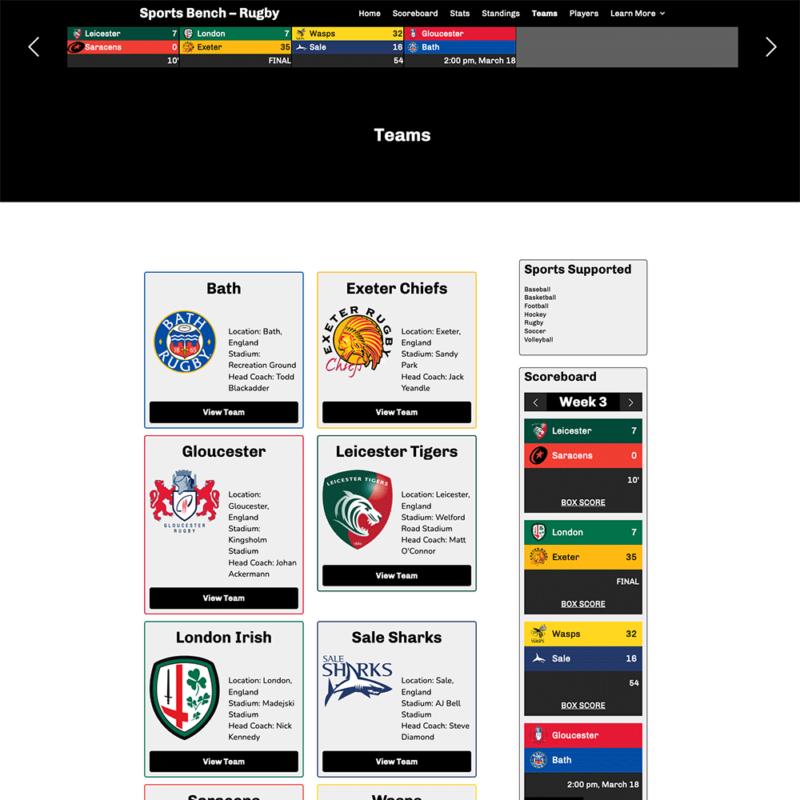Screenshot of the rugby teams page in Sports Bench