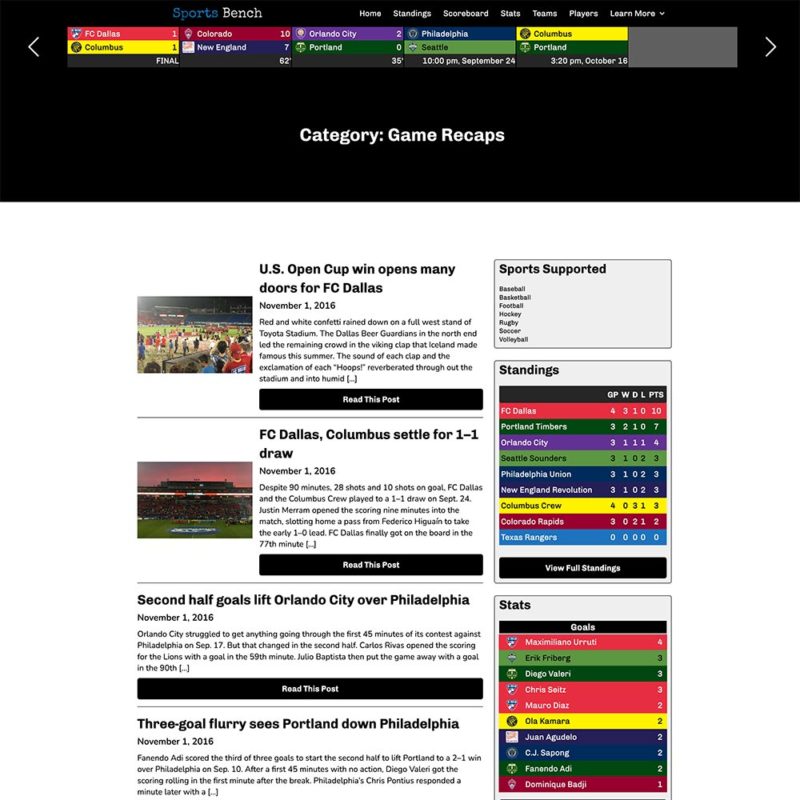 Screenshot of the soccer archive page in Sports Bench