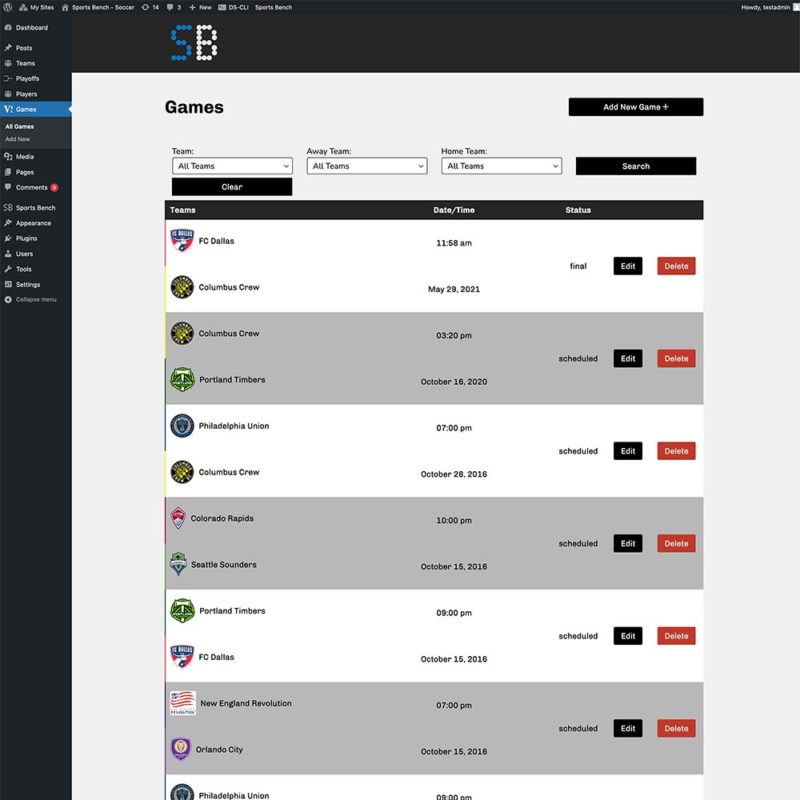 Screenshot of the soccer games admin screen in Sports Bench