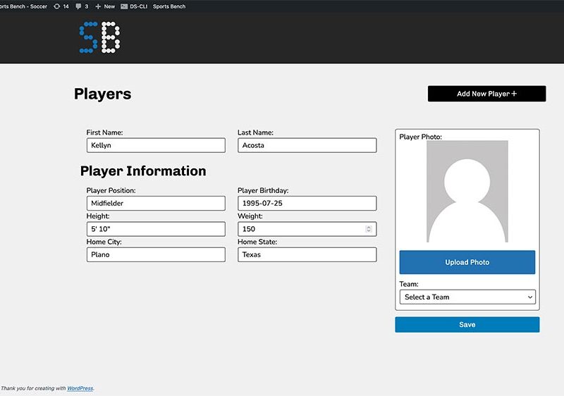 Screenshot of the soccer single player admin screen in Sports Bench