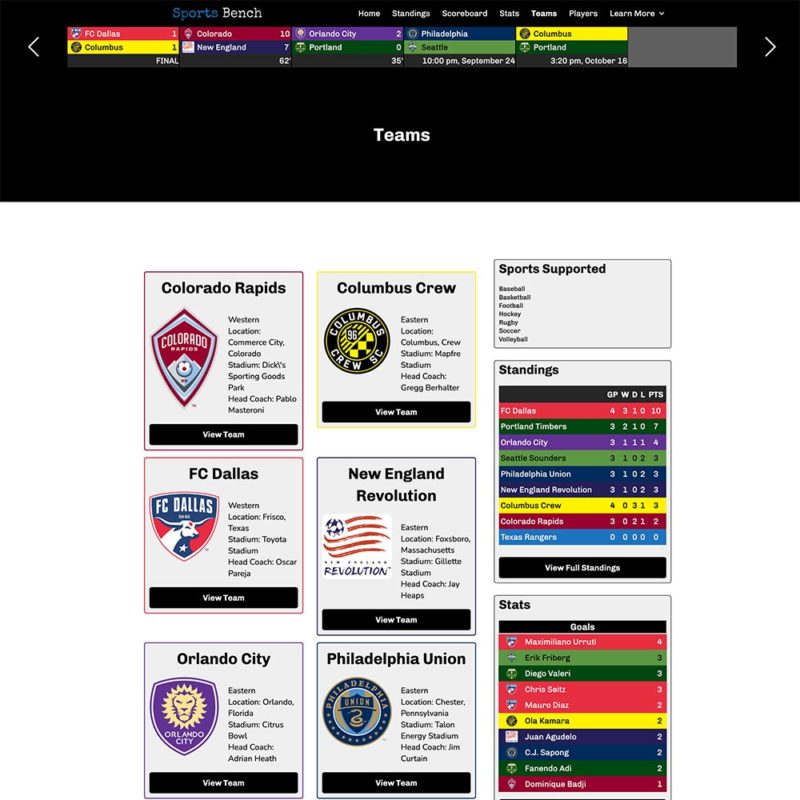 Screenshot of the soccer teams listing page in Sports Bench