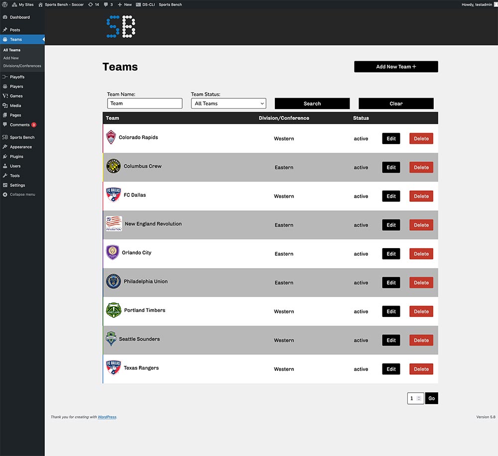 Screenshot of the soccer teams admin screen in Sports Bench