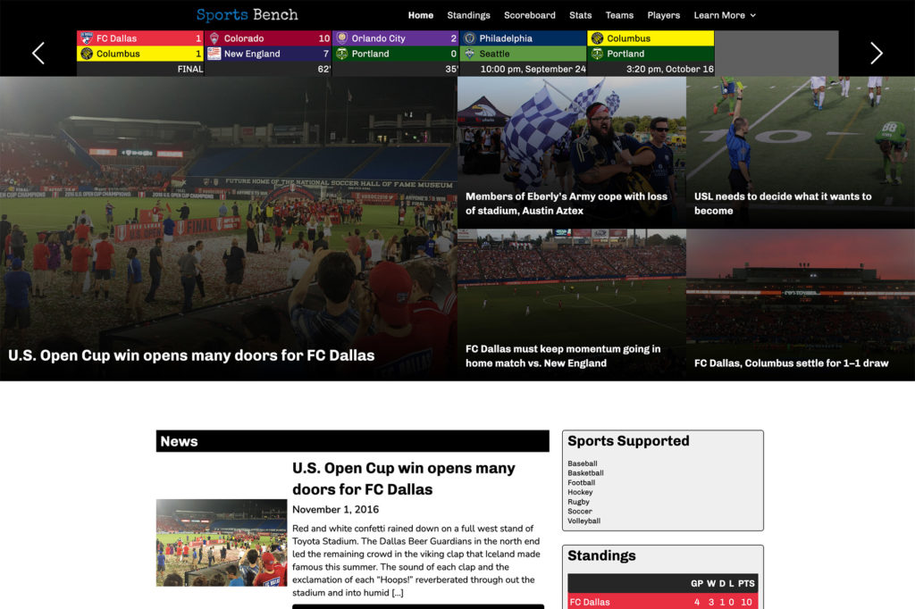 Screenshot of the soccer tiled homepage in Sports Bench