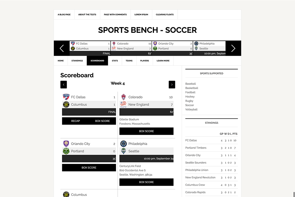 Screenshot of the News Pro theme using the Sports Bench scoreboard block