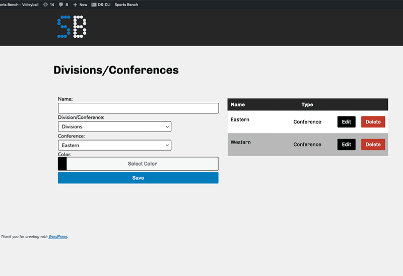 Screenshot of the volleyball divisions admin screen in Sports Bench