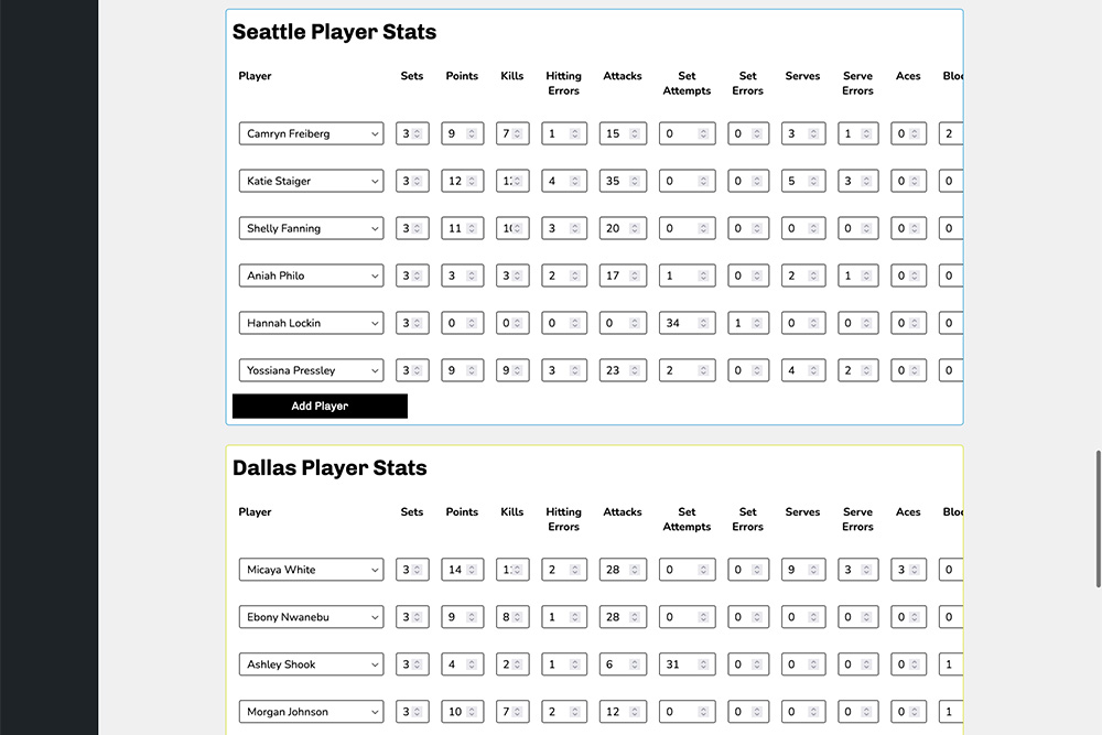 Screenshot of the volleyball single game admin screen in Sports Bench