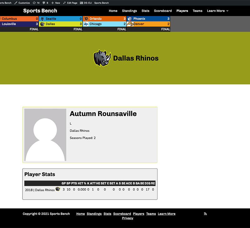 Screenshot of the volleyball single player page in Sports Bench