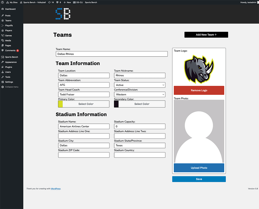 Screenshot of the volleyball single team admin screen in Sports Bench